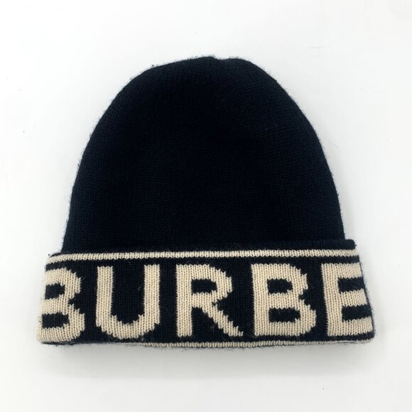 Burberry Black & Cream Reversible Knit Beanie Hat 100% Cashmere Unisex - Picture 1 of 7